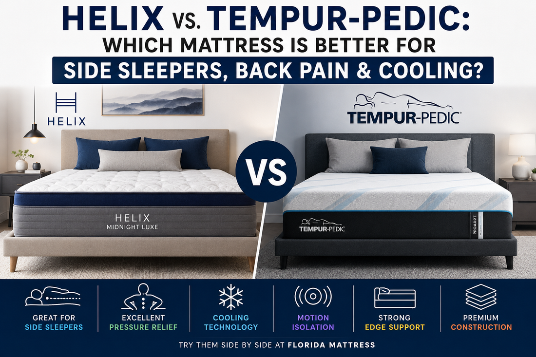 Helix Midnight Luxe vs. Tempur-Pedic mattress comparison highlighting side sleeper comfort, pressure relief, cooling, motion isolation, edge support, and premium construction.