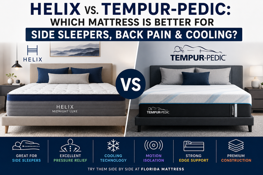 Helix Midnight Luxe vs. Tempur-Pedic mattress comparison highlighting side sleeper comfort, pressure relief, cooling, motion isolation, edge support, and premium construction.