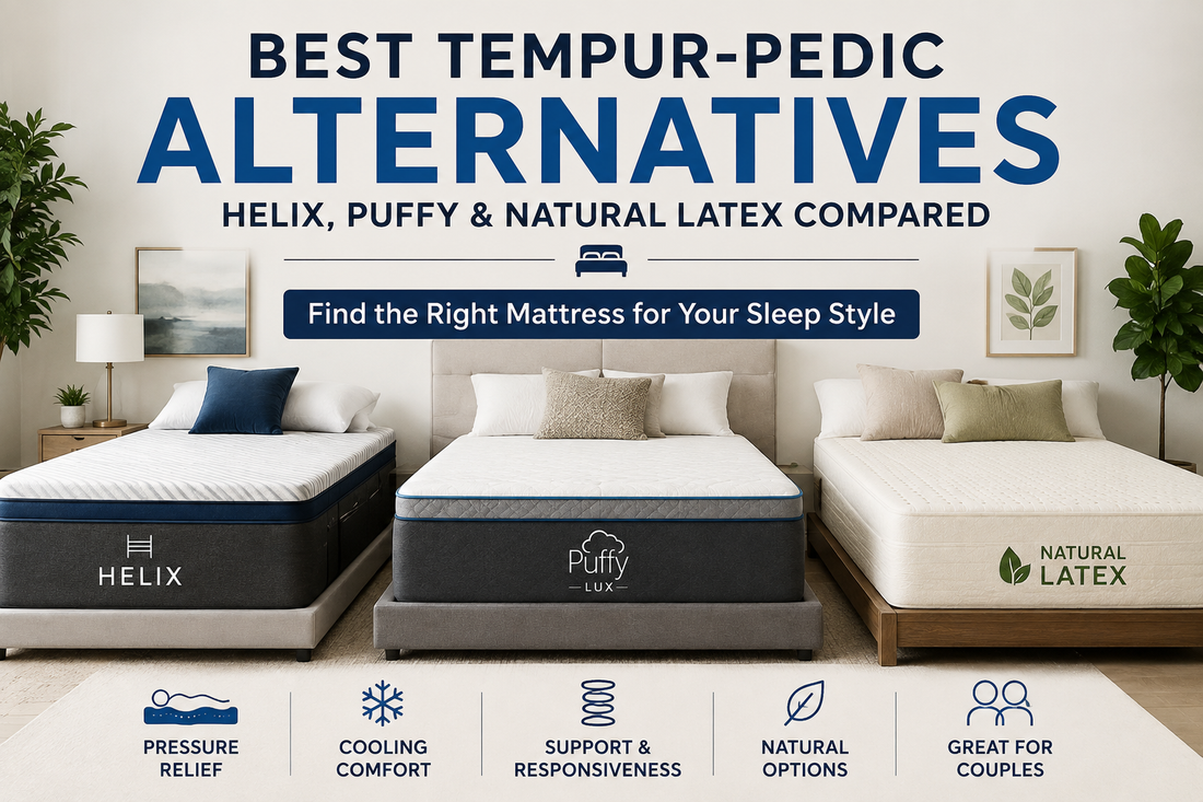Best Tempur-Pedic alternatives comparison featuring Helix, Puffy Lux, and natural latex mattresses for pressure relief, cooling, support, responsiveness, and comfort.