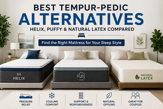 Best Tempur-Pedic alternatives comparison featuring Helix, Puffy Lux, and natural latex mattresses for pressure relief, cooling, support, responsiveness, and comfort.